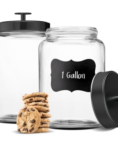 KooK Glass Storage Containers with Lids, Glass Jar with Lid, 1 Gallon, Set of 2, Glass Canister, Storage, Laundry, Kitchen Jar, (Circular, Black)