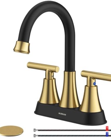 Bathroom Faucets for Sink 3 Hole, Hurran 4 inch Black and Gold Bathroom Sink Faucet with Pop-up Drain and Supply Hoses, Stainless Steel Lead-Free Centerset Faucets for Vanity RV