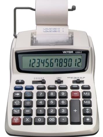 Victor Printing Calculator, 1208-2 Compact and Reliable Adding Machine with 12 Digit LCD Display, Battery or AC Powered, Includes Adapter,White