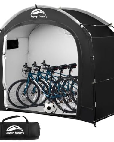 Happy Travel Bike Storage Shed Tent, Waterproof Portable Bicycle Cover with 30% More Top Storage Space for 2/3/4/5 Bikes,Clips Easy Setup Outdoor Sheds Shelter for Motorcycle, Garden Tools, Lawn Mower