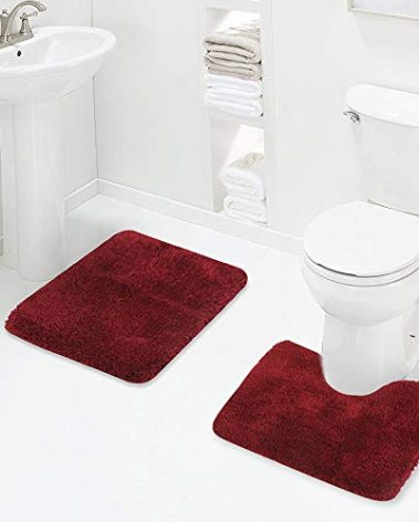 Walensee Shaggy 2 Piece Bath Rug Sets (Red) 20 x 24 U Shape Contour Rug & 20 x 32 Bathroom Rug Machine Wash/Dry Bath Mats for Bathroom Plush Absorbent Bathroom Rugs and Mats Set Non Slip