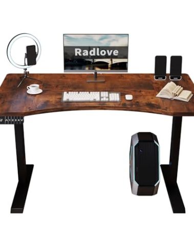 Radlove Dual Motors Height Adjustable 55 x 30'' Electric Standing Desk with Curved Design Stand Up Table 4 Memory Keys, Computer Desk with Splice Board Home Office Desk, Rustic Brown Top + Black Frame