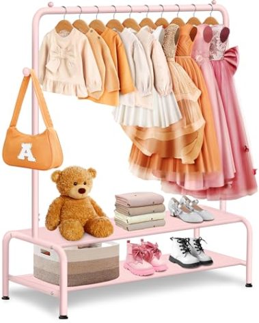 mirolam Kids Clothing Rack - Dress Up Storage - Dress Up Rack for Little Girls - Small Kids Costume Wardrobe with 2 Fabric Shelves - Princess Room Bedroom Decor
