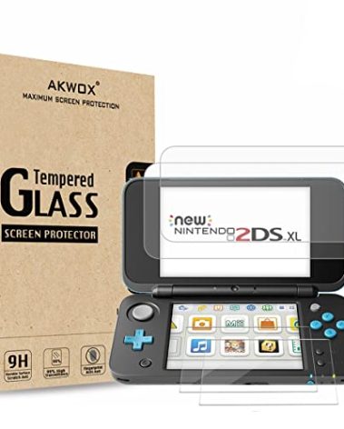 AKWOX (4-Pack) Tempered Glass Top LCD Screen Protector + HD Clear Crystal Buttom LCD Screen Protective Filter compatible with for New Nintendo 2DS XL [2 GLASS Top, 2 PET Bottom]