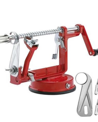 Apple Peeler Corer, Long lasting Chrome Cast Magnesium Alloy Apple Peeler Slicer Corer with Stainless Steel Blades and Powerful Suction Base for Apples and Potato(Red)