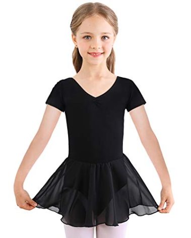Bezioner Ballet Dress Ballet Leotards with Skirt,Dance Tutu Short Sleeve Skirted for Toddler Girls Kids,Black Ballet Leotard for Girls Size 11-12Years