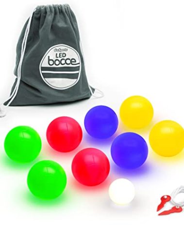 GoSports 85 mm LED Bocce Ball Game Set - Includes 8 Light Up Bocce Balls (8.5oz each), Pallino, Case and Measuring Rope