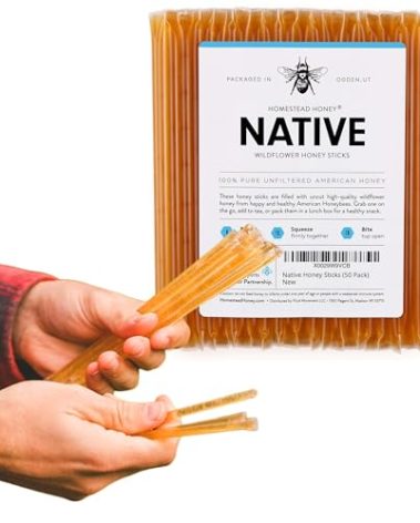 Homestead Honey Native Honey Sticks for Tea - 50-Pack Bulk Packets, Single Serve - Pure Wildflower Honey Straws - Easy-to-Open Honeycomb Stir Sticks for On-the-Go, Snacks, and Travel