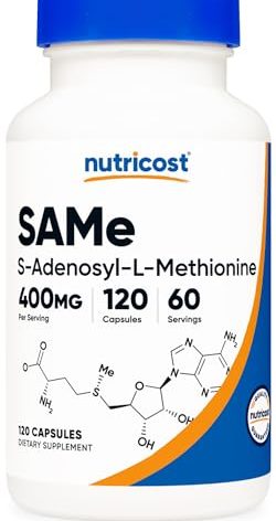 Nutricost SAM-e (S-Adenosyl-L-Methionine) 400mg Per Serving, 60 Servings, 200mg Per Capsule, 120 Capsules - Non-GMO, Gluten Free Same, Vegetarian