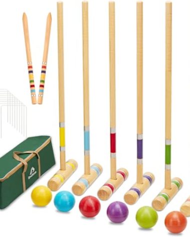 ApudArmis Six Player Croquet Set with Premiun Rubber Wooden Mallets 28In,Colored Ball,Wickets,Stakes - Lawn Backyard Outdoor Game Set for Adults/Teenagers/Family (Large Carry Bag Including)