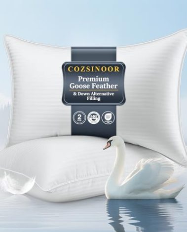 COZSINOOR Goose Feather Pillows Queen Size - Set of 2, Hotel Down Bed Pillow for Sleeping, Soft 600 TC Cotton Cover, Fluffy Support Surround Fill Down Alternative for Back, Stomach, Side Sleepers