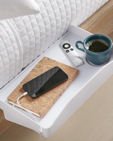 Modern Innovations Bedside Shelf for Bed, College Dorm Room, Bunk Bed Shelf/Caddy for Top Bunk, Clip On Nightstand Tray with Cord and Cup Holder for Table Storage (White)