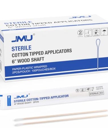 JMU 6 Inch Sterile Cotton Tipped Applicators, 200 Count Long Cotton Swabs, Wood Shaft Medical Swabs