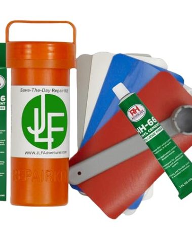 JLF Repair Kit with HH-66 Vinyl Cement Glue for Inflatable Stand Up Paddle Boards (SUP) Includes 3" x 6" Red, White, Blue, Clear, Grey PVC, 5 Patches and 6 Prong Valve Wrench
