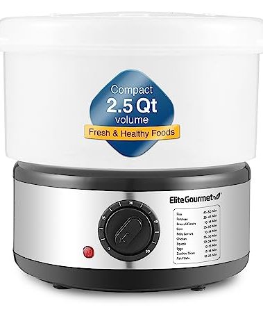Elite Gourmet EST250 2.5 Quart Electric Compact Mini Food Vegetable Steamer, 400W with BPA-Free Tray, Auto Shut-off 60-min Timer, Veggies, Seafood, Chicken, Egg Cooker and more
