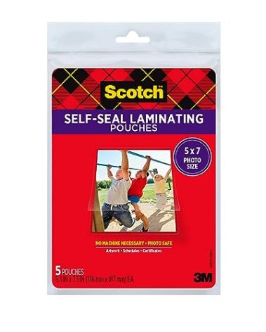 Scotch Self-Seal Laminating Pouches, Glossy Finish, Photo Size 5 x 7 Inches, 5 Pouches