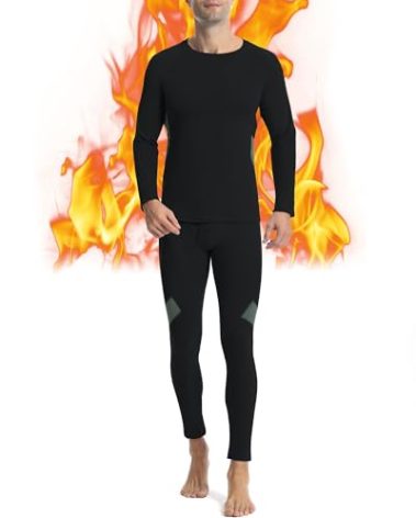 Runhit Thermal Underwear for Men Base Layer Long Underwear Cold Weather Fleece Lined Mens Long John Winter Pants and Shirts Thermal Set Large Black