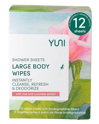 YUNI Beauty Large Body Wipes (Rose Cucumber, 12 Count) Soft Moist Showerless Wipes, Cleanse & Deodorize Waterless Travel Body Cleanser, Biodegradable Individually Wrapped Body Wipes for Camping or Gym