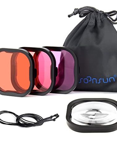 SOONSUN 4-Pack Underwater Dive Filters for GoPro Hero 13 12 11 10 9 8 Black – Color Correction Filters with Red, Light Red, Magenta, 5X Macro Close-up Lens – Only for Official GoPro Waterproof Housing