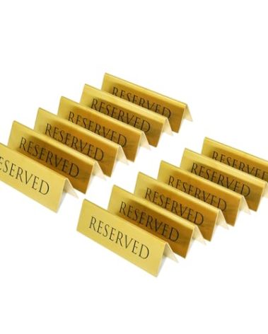 Golden Metal Table Top Reserved Sign for Restaurants, Wedding, Ceremony and Events, Double Sided Tent, 6x1.75 inches (Pack of 12)