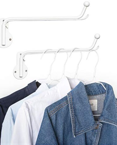 Mkono Wall Mounted Clothes Hanger with Swing Arm Holder Valet Hook Metal Hanging Laundry Drying Rack Space Saver for Closet Organizer, Laundry Room Organization Bathroom, Bedroom,2 Pcs, White