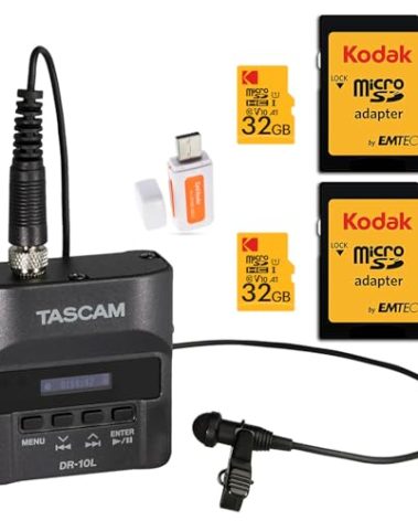 Tascam DR-10L Digital Audio Recorder and Lavalier Mic Bundle with 32GB SD Cards (2-Pack) and USB 2.0 Card Reader (4 Items)