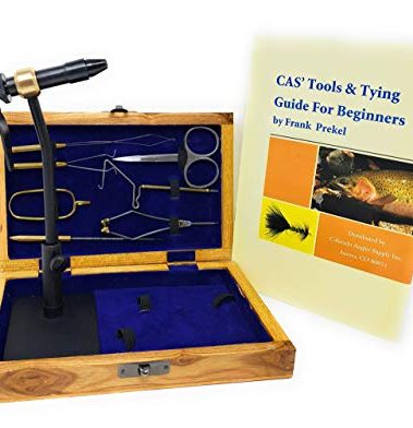 Colorado Anglers - Fly Tying Standard Tool Kit with Wooden Box & Book, Rotary Vise, Bobbin, Scissors, Whip Finisher, Complete Fly Fishing Set for Beginners & Pros