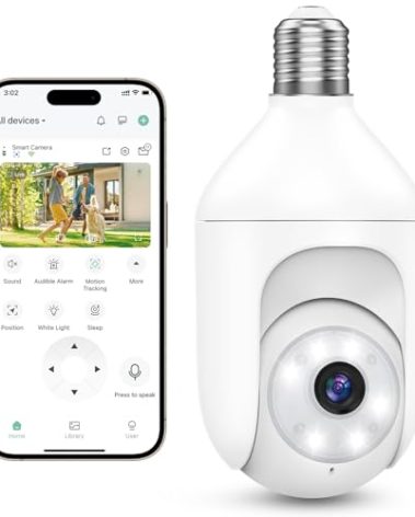 Akasumer Light Bulb Security Cameras Wireless Outdoor Indoor, 2.4GHz WiFi Lightbulb Cameras for Home, 360°PTZ, 2K Color Night Vision, Motion Detection, 2-Way Audio, Spotlight Audible Alarm