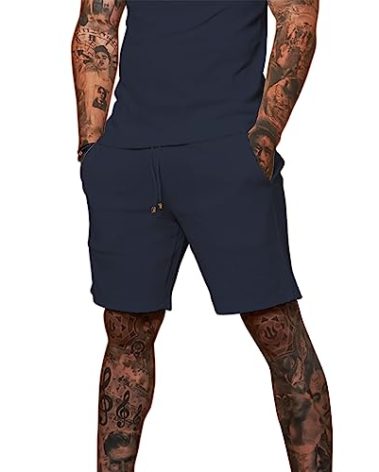 Redqenting Mens 8" Casual Sweat Shorts with Pockets,Drawstring Athletic Shorts Waffle Lounge Summer Shorts (Size28~40) Navy