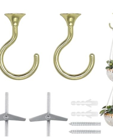 2 Sets Heavy Duty Swag Ceiling Hooks with Hardware for Hanging Plants, Cavity Wall Fixing, Easy Installation, Holds Up to 30lbs, Ideal for Home & Garden (2 Sets, Gold)