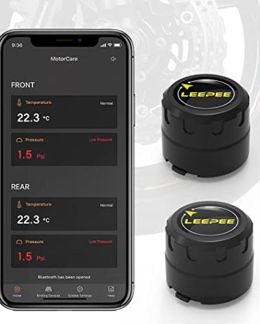 leepee Motorcycle Tire Pressure Monitoring System, Tire Pressure and Temperature Alarm, Wireless Motorcycle TPMS with 2 External Sensors, Support iOS and Android