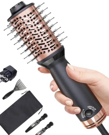 Travel Dual Voltage Hair Dryer Brush, Small Hot Air Brush for European Travel, Compact 2 Inch One Step Blowout and Volumizer Hair Blow Dryer with Oval Design, Rose Gold