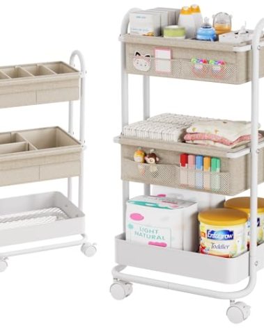 Modanais Baby Diaper Caddy Organizer Cart - 3 Tier Rolling Storage Cart with Wheels, Baby Essentials Nursery Storage, Detachable Dividers - for Crib, Bedroom, Art & Craft Organizer (Off White)