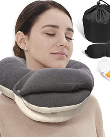 BUYUE Travel Neck Pillows for Airplanes, 360° Head Support Sleep for Long Flight, Skin-Friendly & Breathable, Kit with 3D Contoured Eye Mask, Earplugs and Storage Bag (Adult, Grey, 90+ lbs)