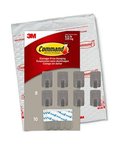 Command Small Stainless Steel Metal Hooks 8 Hooks, 10 Command Strips, Holds up to 0.5 lb, Removable Self Adhesive Hooks, Great for Wall Décor