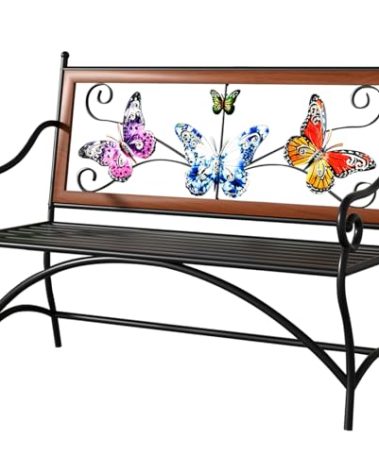 39.7" Outdoor Bench, Garden Bench, Patio Bench with Armrest, Slatted Seat and Butterfly Pattern Backrest for Outside, Front Porch, Park, Lawn, Backyard and Balcony, Cast Iron Metal Frame, Black