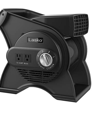 Lasko Portable Utility Fan, 12” 289 CFM Pivoting High Velocity Air Mover Blower Fan, 3 Speeds, 2 Accessory Outlets 120V, Black, U12104