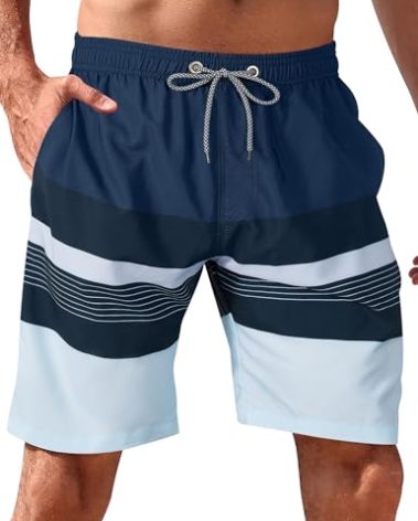 BOJIN Mens Swim Trunks Quick Dry Swim Shorts Mesh Lining Bathing Suits Swimwear Beach Shorts BS291 Black&Blue Stripe 1XL