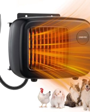 Dreyoo Dog House Heater with Thermostat, Pet House Heater with 6FT Anti Chew Cord and Safe Overheat Protection, 2 Heating Mode (200/400W) Pet House Furnace for Dogs Chicken Coops Rabbits(Black,1 Pcs)