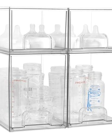 MINMUNJIU Baby Bottle Organizer, 4 Pack Clear Space-Saving Stackable Drawer with Handle, Baby Bottle Storage Organizer for Countertop and Cabinet