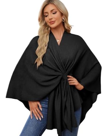 PULI Women's Elegant Shawl Wraps Soft Open Front Poncho Sweater for Spring Fall Winter Black