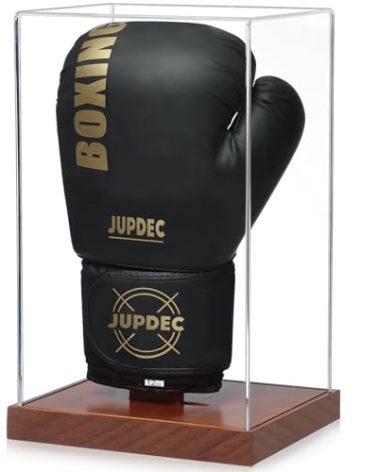 JupDec Boxing Glove Display Case, Clear Acrylic Showcase with Wood Base & Plank for Single Glove, Full Size UV Protection Souvenirs and Collectibles Box, Ideal Gift for Boxing Fans