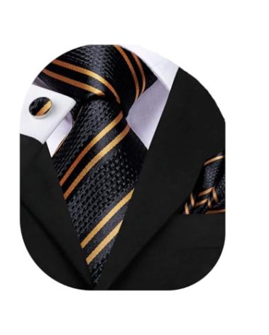 Dubulle Mens Paisley Floral Silk Tie for Men Black Dark Orange Striped Necktie and Pocket Square Cufflinks Set Wedding Business