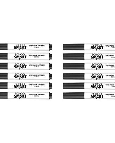 School Smart Washable Art Markers, Conical Tip, Black, Pack of 12