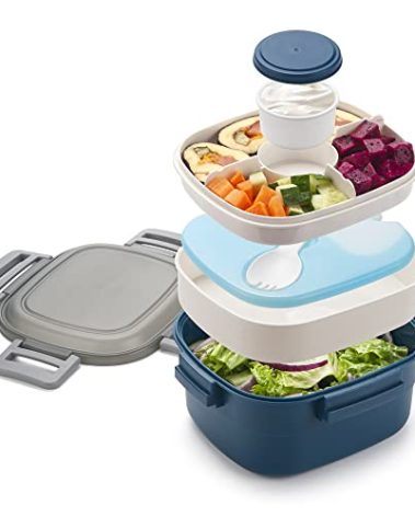 Freshmage Salad Container for Lunch with Ice Pack, Leakproof BPA-Free 52-oz with 4 Compartments, Salad Lunch Container for Men, Women (Blue+Ice Pack)