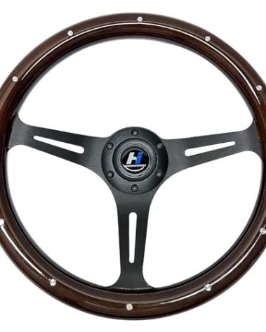 Hiracing 14inch Universal Classic Wood Grain Rivet Steering Wheel Brushed 3 Spoke 1.5inch Depth Steering Wheel with Horn Button 6 bolts