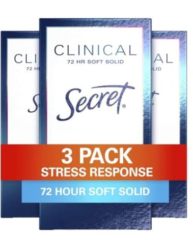 Secret Clinical Strength Antiperspirant Deodorant for Women, Stress Response, 3X Stress Protection, 72hr Sweat & Odor Protection, PH Balancing Minerals, Soft Solid, 1.6 oz (Pack of 3)