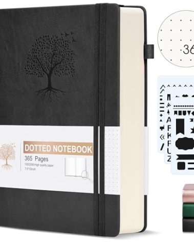 Dotted Journal Notebook, 360 Numbered Pages Bullet Dot Grid Journals, 100gsm Dot Paper Thick Hardcover Leather Journal for Writing Women Men, B5 Dotted Grid Notebooks for Work 7.6'' X 10'' Black