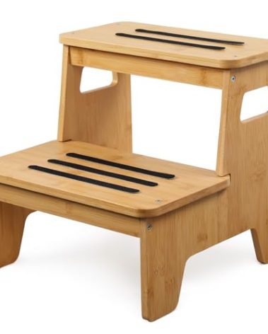 Wooden 2-Step Stool, Bamboo Step Stool with Handles, DIY Non-Slip Surface, Portable Stepping Stool for Kitchen, Toilet, Bathroom Sink, Bedroom, Natural