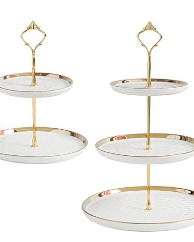 Tosnail Set of 2 Porcelain Cupcake Stand Ceramic Dessert Stand Tiered Serving Trays with Gold Rod, 3 Tiers and 2 Tiers Cake Stand Party Serving Trays Fruit Pastry Holders for Wedding and Party